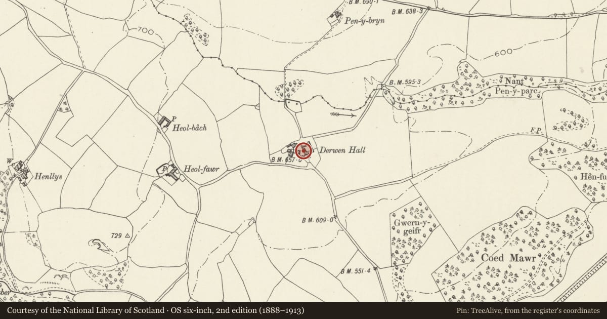Ordnance Survey six-inch map, 2nd edition (1888–1913) covering the location of Cartsheds at Derwen Hall, Denbighshire, with a pin at the register's coordinates