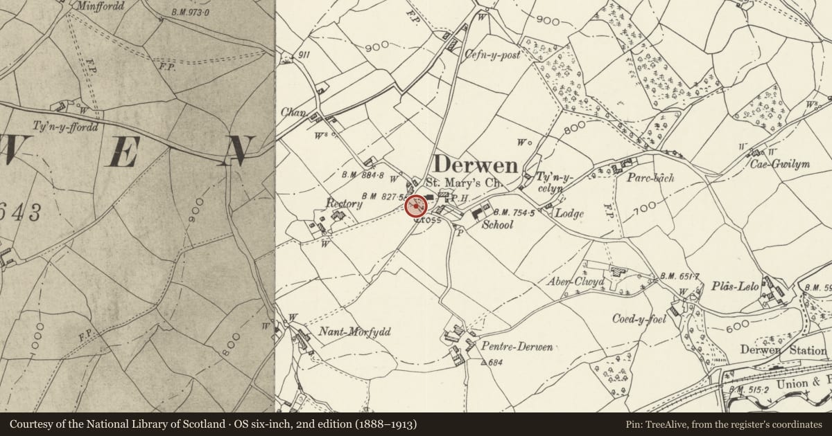 Ordnance Survey six-inch map, 2nd edition (1888–1913) covering the location of Sundial in churchyard of St Mary's Church, Derwen, Denbighshire, with a pin at the register's coordinates