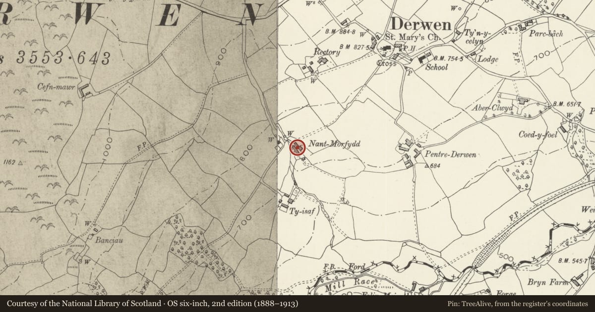 Ordnance Survey six-inch map, 2nd edition (1888–1913) covering the location of Nant Morfydd, Derwen, Denbighshire, with a pin at the register's coordinates