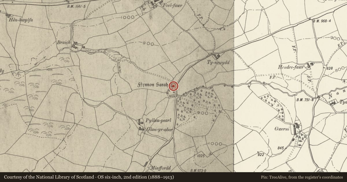 Ordnance Survey six-inch map, 2nd edition (1888–1913) covering the location of Ffynnon Sara, Derwen, Denbighshire, with a pin at the register's coordinates