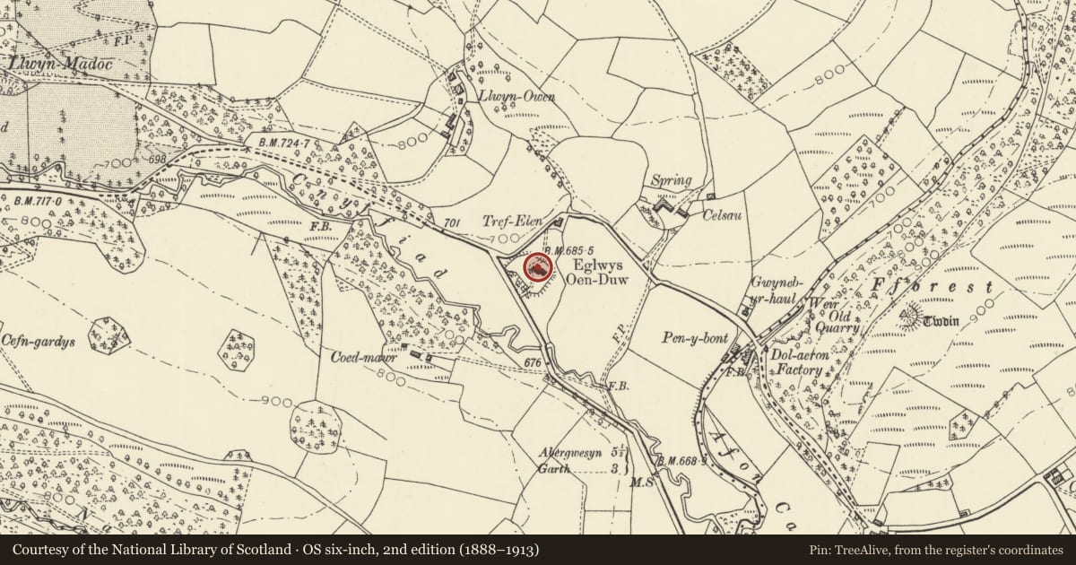 Ordnance Survey six-inch map, 2nd edition (1888–1913) covering the location of Eglwys Oen Duw, Treflys, Powys, with a pin at the register's coordinates