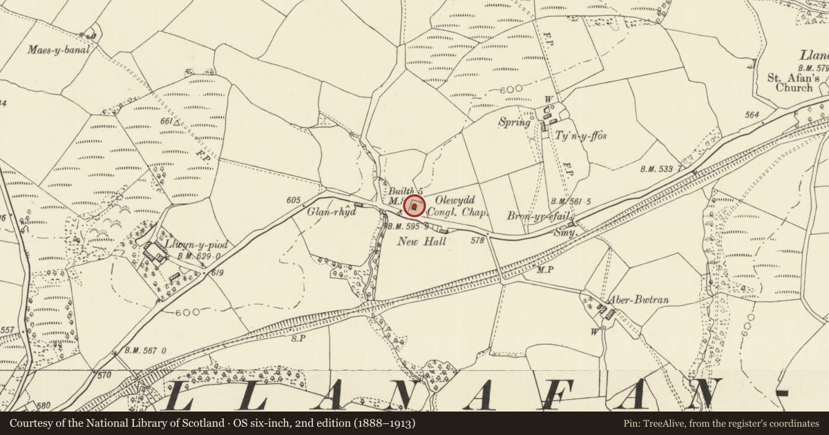 Ordnance Survey six-inch map, 2nd edition (1888–1913) covering the location of Olewydd Congregational Chapel, Treflys, Powys, with a pin at the register's coordinates