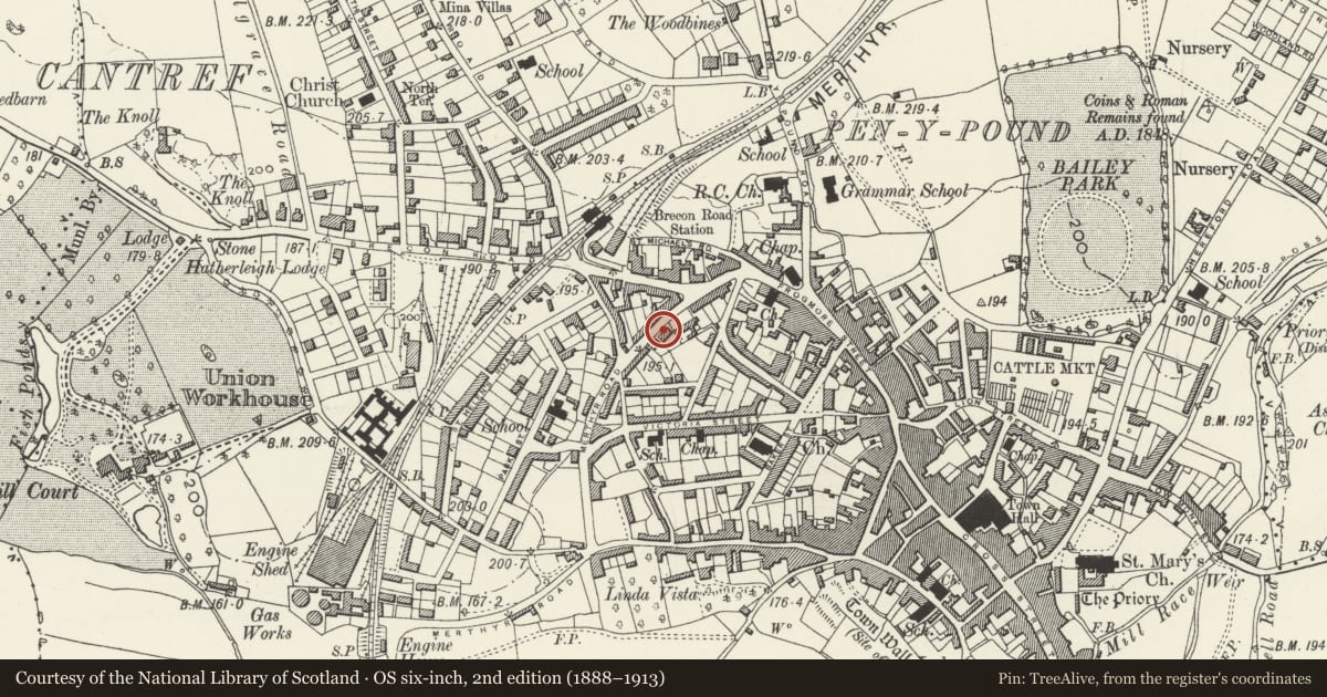 Ordnance Survey six-inch map, 2nd edition (1888–1913) covering the location of Front Garden Walls, Gatepiers & Gates to Nos. 22, 24 & 26, Abergavenny, Monmouthshire, with a pin at the register's coordinates