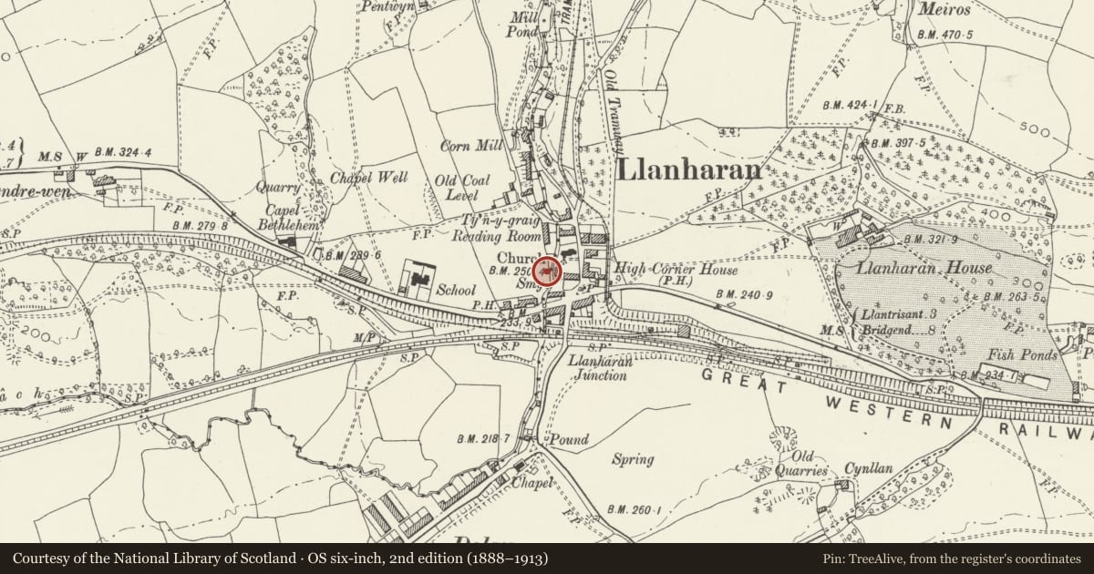 Ordnance Survey six-inch map, 2nd edition (1888–1913) covering the location of Llanharan War Memorial, Rhondda Cynon Taff, with a pin at the register's coordinates