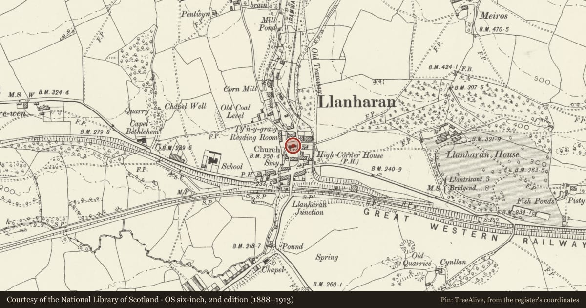 Ordnance Survey six-inch map, 2nd edition (1888–1913) covering the location of Church of SS Julius and Aaron, Llanharan, Rhondda Cynon Taff, with a pin at the register's coordinates