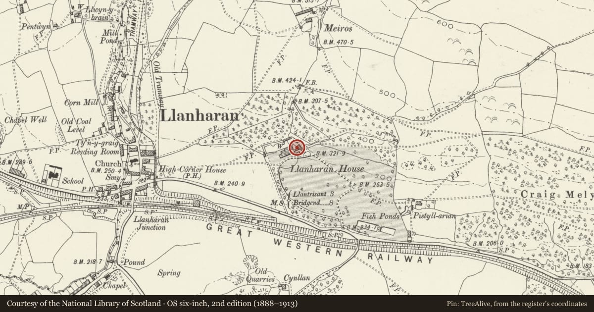 Ordnance Survey six-inch map, 2nd edition (1888–1913) covering the location of Old Laundry at Llanharan House, Rhondda Cynon Taff, with a pin at the register's coordinates