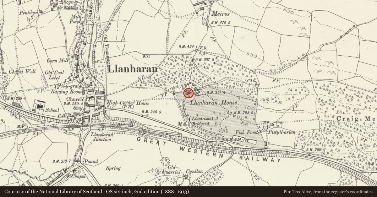 Ordnance Survey six-inch map, 2nd edition (1888–1913) covering the location of Entrance steps to Llanharan House, Rhondda Cynon Taff, with a pin at the register's coordinates