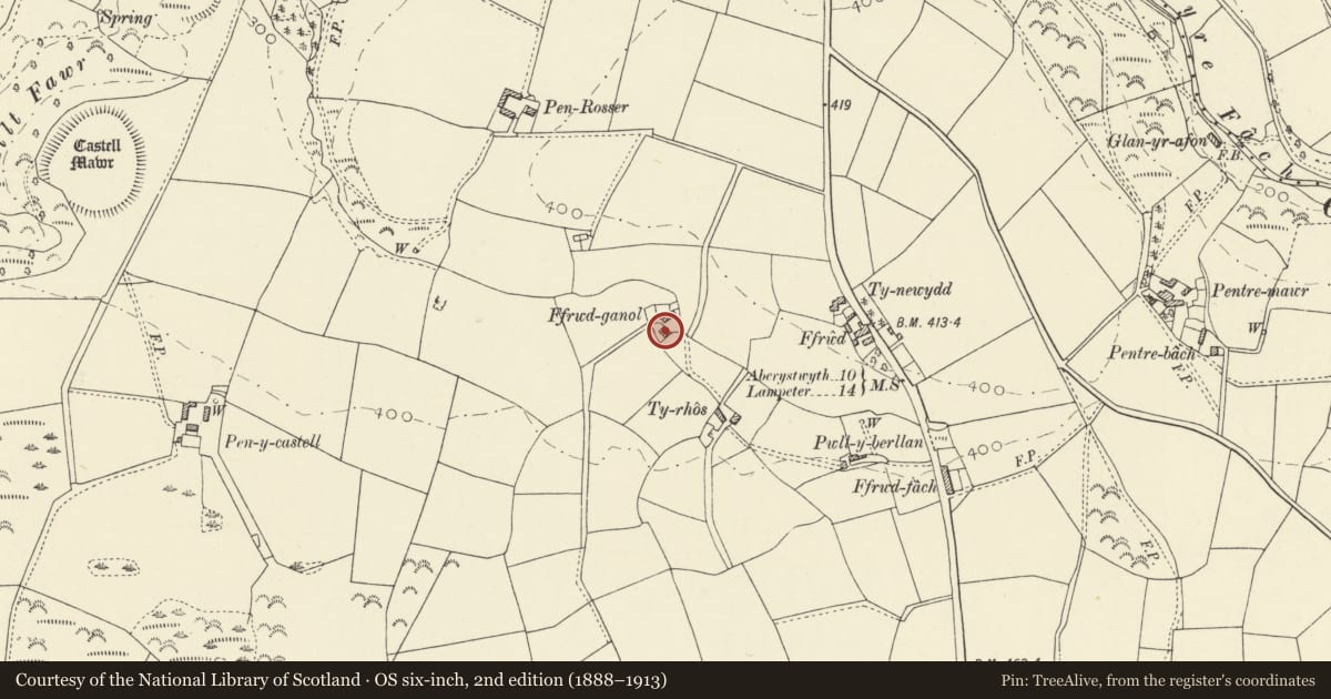 Ordnance Survey six-inch map, 2nd edition (1888–1913) covering the location of Ffrwd-ganol, Llanrhystyd, Ceredigion, with a pin at the register's coordinates