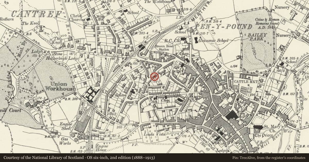 Ordnance Survey six-inch map, 2nd edition (1888–1913) covering the location of House, including attached railings and gates, Abergavenny, Monmouthshire, with a pin at the register's coordinates