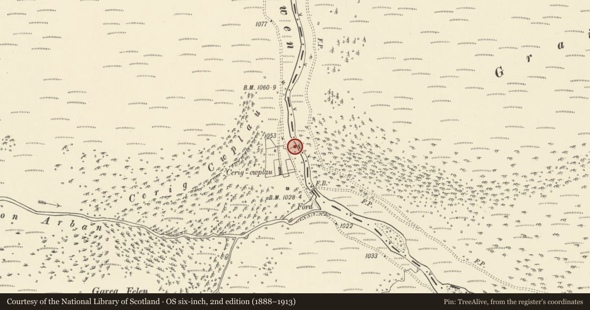 Ordnance Survey six-inch map, 2nd edition (1888–1913) covering the location of Gauge House at Claerwen Reservoir, Llanwrthwl, Powys, with a pin at the register's coordinates