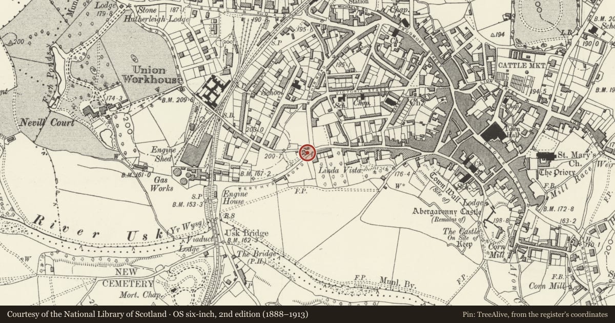 Ordnance Survey six-inch map, 2nd edition (1888–1913) covering the location of Westgate Cottage, Abergavenny, Monmouthshire, with a pin at the register's coordinates