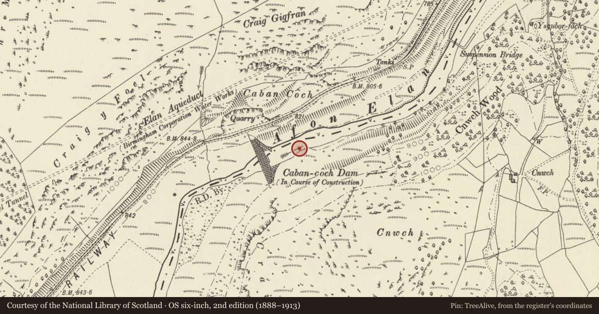 Ordnance Survey six-inch map, 2nd edition (1888–1913) covering the location of Footbridge at hydro-electric station (partly in Rhayader community), Llanwrthwl, Powys, with a pin at the register's coordinates