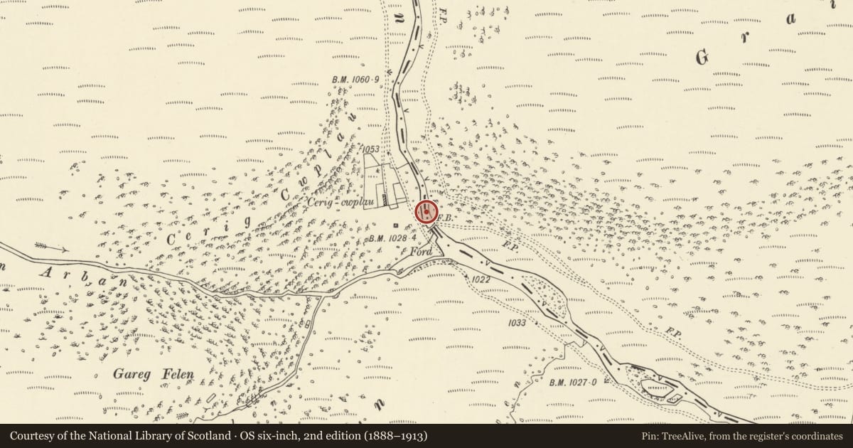 Ordnance Survey six-inch map, 2nd edition (1888–1913) covering the location of Road bridge below Claerwen dam (partly in Rhayader community), Powys, with a pin at the register's coordinates
