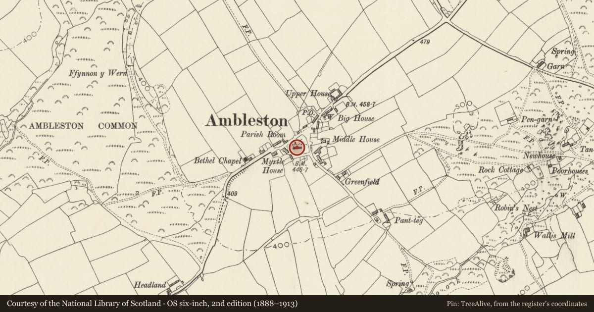 Ordnance Survey six-inch map, 2nd edition (1888–1913) covering the location of Church of St Mary, Ambleston, Pembrokeshire, with a pin at the register's coordinates