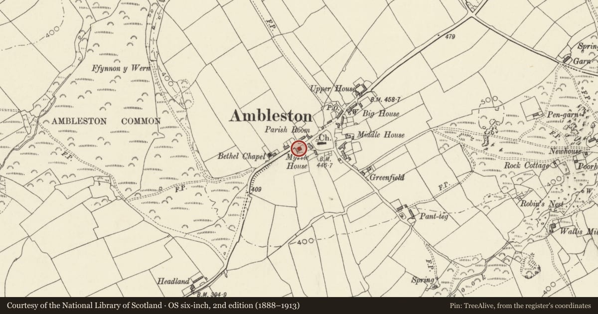 Ordnance Survey six-inch map, 2nd edition (1888–1913) covering the location of Myrtle House, Ambleston, Pembrokeshire, with a pin at the register's coordinates