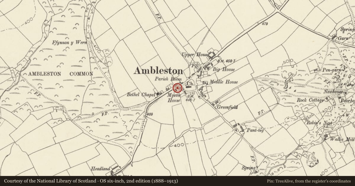 Ordnance Survey six-inch map, 2nd edition (1888–1913) covering the location of Outbuilding to East of Myrtle House, Ambleston, Pembrokeshire, with a pin at the register's coordinates