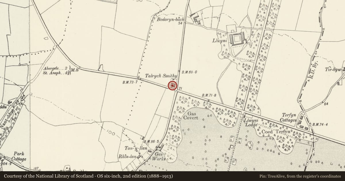 Ordnance Survey six-inch map, 2nd edition (1888–1913) covering the location of Talrych Smithy and Forge, Abergele, Conwy, with a pin at the register's coordinates