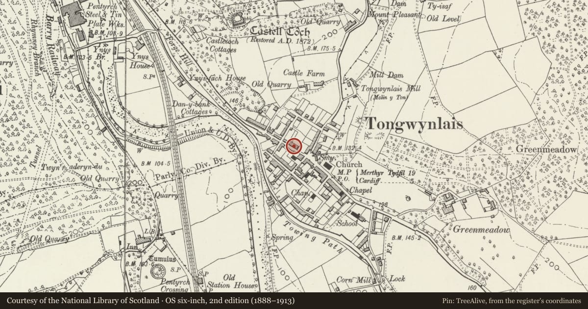 Ordnance Survey six-inch map, 2nd edition (1888–1913) covering the location of 6 Merthyr Road, Tongwynlais, Cardiff, with a pin at the register's coordinates