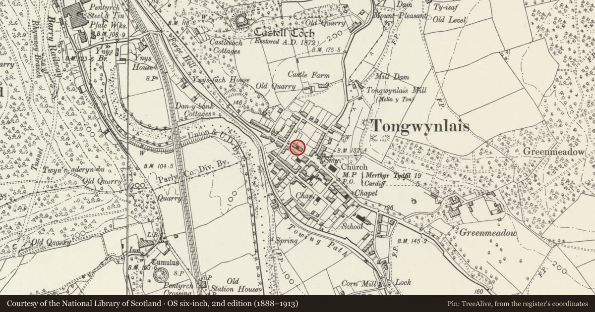 Ordnance Survey six-inch map, 2nd edition (1888–1913) covering the location of 8 Merthyr Road, Tongwynlais, Cardiff, with a pin at the register's coordinates