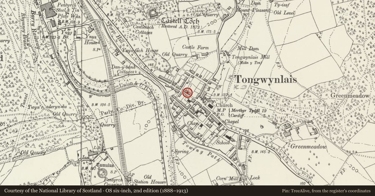 Ordnance Survey six-inch map, 2nd edition (1888–1913) covering the location of 10 Merthyr Road, Tongwynlais, Cardiff, with a pin at the register's coordinates