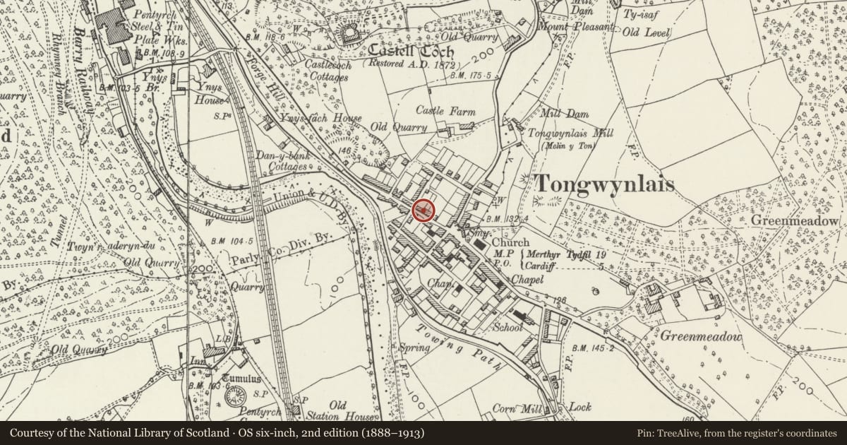 Ordnance Survey six-inch map, 2nd edition (1888–1913) covering the location of 14 Merthyr Road, Tongwynlais, Cardiff, with a pin at the register's coordinates