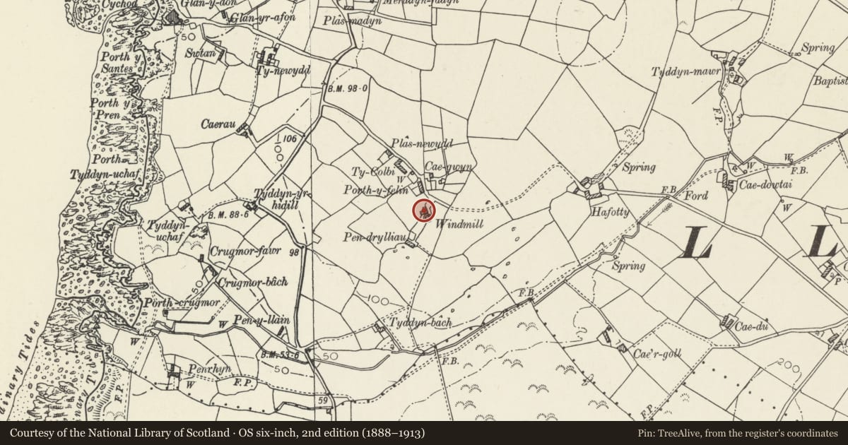Ordnance Survey six-inch map, 2nd edition (1888–1913) covering the location of Granary and stable range, Melin Drylliau, Cylch-y-Garn, Isle of Anglesey, with a pin at the register's coordinates