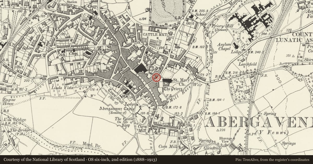 Ordnance Survey six-inch map, 2nd edition (1888–1913) covering the location of Priory Close, Abergavenny, Monmouthshire, with a pin at the register's coordinates