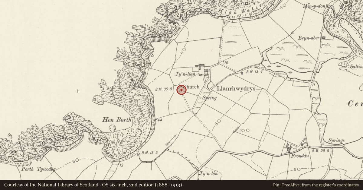 Ordnance Survey six-inch map, 2nd edition (1888–1913) covering the location of Lychgate at Church of St Rhwydrys, Cylch-y-Garn, Isle of Anglesey, with a pin at the register's coordinates