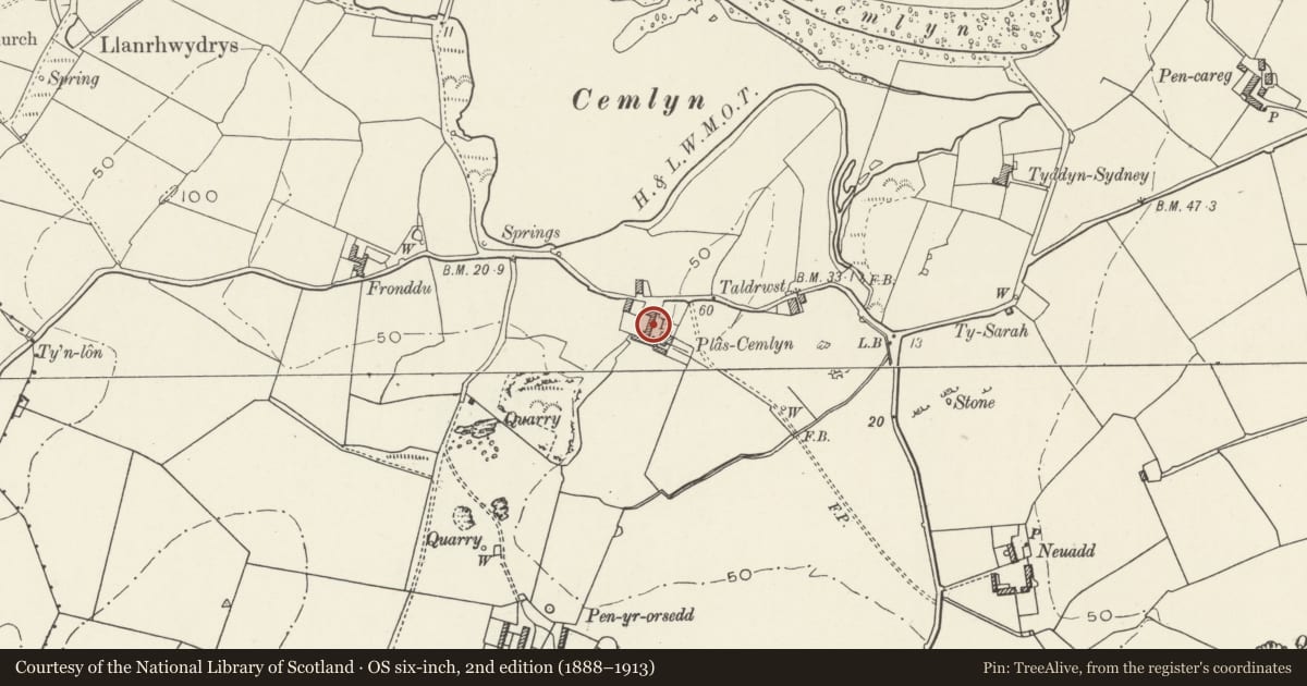 Ordnance Survey six-inch map, 2nd edition (1888–1913) covering the location of Agricultural range at Plas Cemlyn, Cylch-y-Garn, Isle of Anglesey, with a pin at the register's coordinates