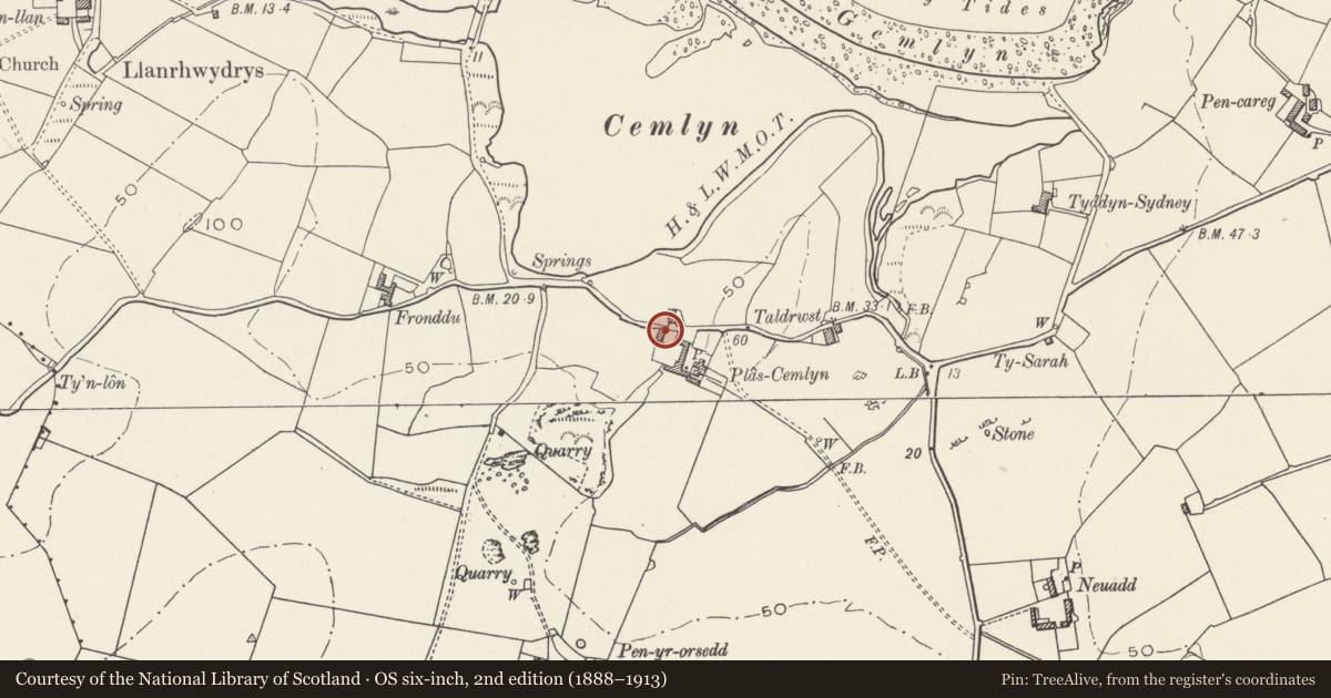 Ordnance Survey six-inch map, 2nd edition (1888–1913) covering the location of Hammels at Plas Cemlyn, Cylch-y-Garn, Isle of Anglesey, with a pin at the register's coordinates