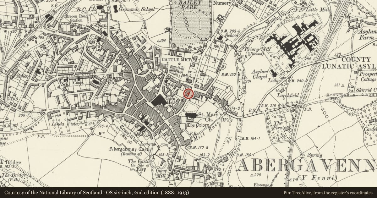 Ordnance Survey six-inch map, 2nd edition (1888–1913) covering the location of 28 Monk Street, Abergavenny, Monmouthshire, with a pin at the register's coordinates