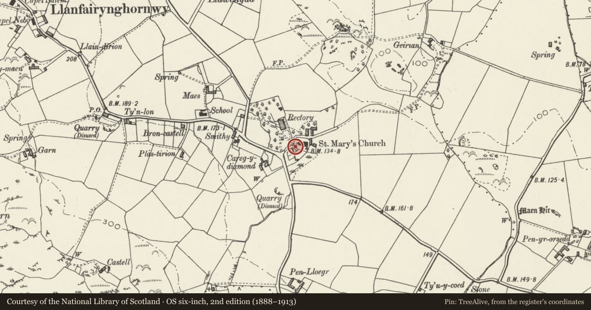 Ordnance Survey six-inch map, 2nd edition (1888–1913) covering the location of Lychgate at Church of St Mary, Cylch-y-Garn, Isle of Anglesey, with a pin at the register's coordinates