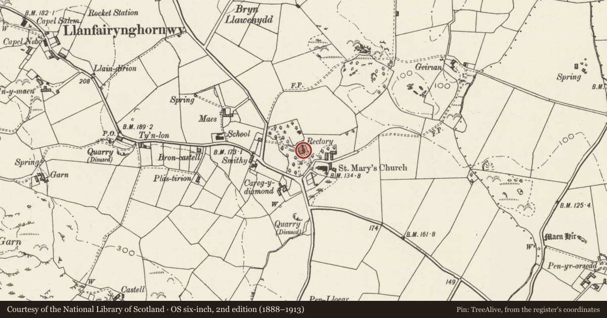 Ordnance Survey six-inch map, 2nd edition (1888–1913) covering the location of Old Rectory, Cylch-y-Garn, Isle of Anglesey, with a pin at the register's coordinates