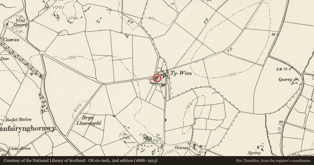 Ordnance Survey six-inch map, 2nd edition (1888–1913) covering the location of Cartshed-granary with attached agricultural range at Ty Wian, Cylch-y-Garn, Isle of Anglesey, with a pin at the register's coordinates