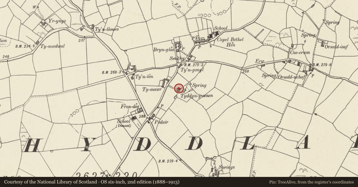 Ordnance Survey six-inch map, 2nd edition (1888–1913) covering the location of Tyddyn Waen, Cylch-y-Garn, Isle of Anglesey, with a pin at the register's coordinates