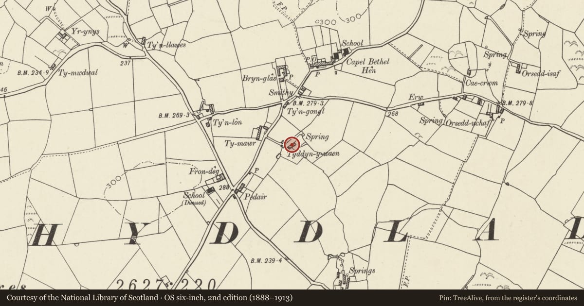 Ordnance Survey six-inch map, 2nd edition (1888–1913) covering the location of Agricultural range at Tyddyn Waen, Cylch-y-Garn, Isle of Anglesey, with a pin at the register's coordinates