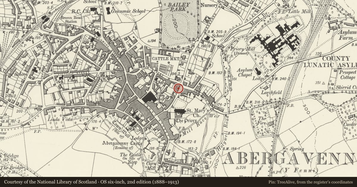 Ordnance Survey six-inch map, 2nd edition (1888–1913) covering the location of Lulworth House, including attached railings, Abergavenny, Monmouthshire, with a pin at the register's coordinates