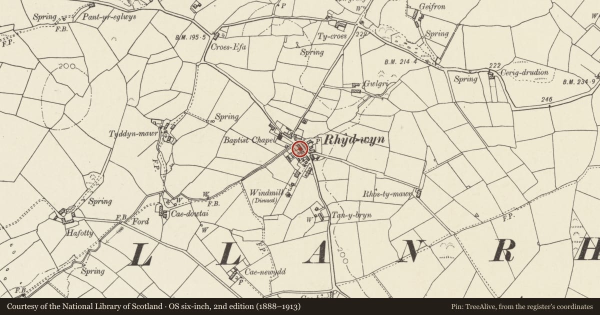 Ordnance Survey six-inch map, 2nd edition (1888–1913) covering the location of Pen Bont, Cylch-y-Garn, Isle of Anglesey, with a pin at the register's coordinates