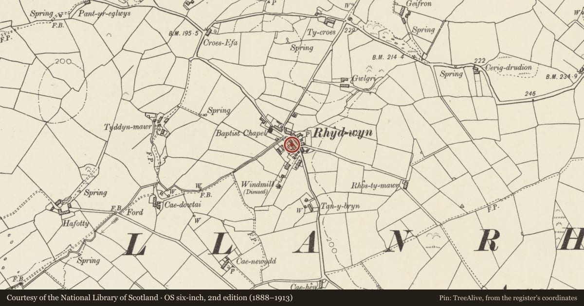 Ordnance Survey six-inch map, 2nd edition (1888–1913) covering the location of Menai, Cylch-y-Garn, Isle of Anglesey, with a pin at the register's coordinates