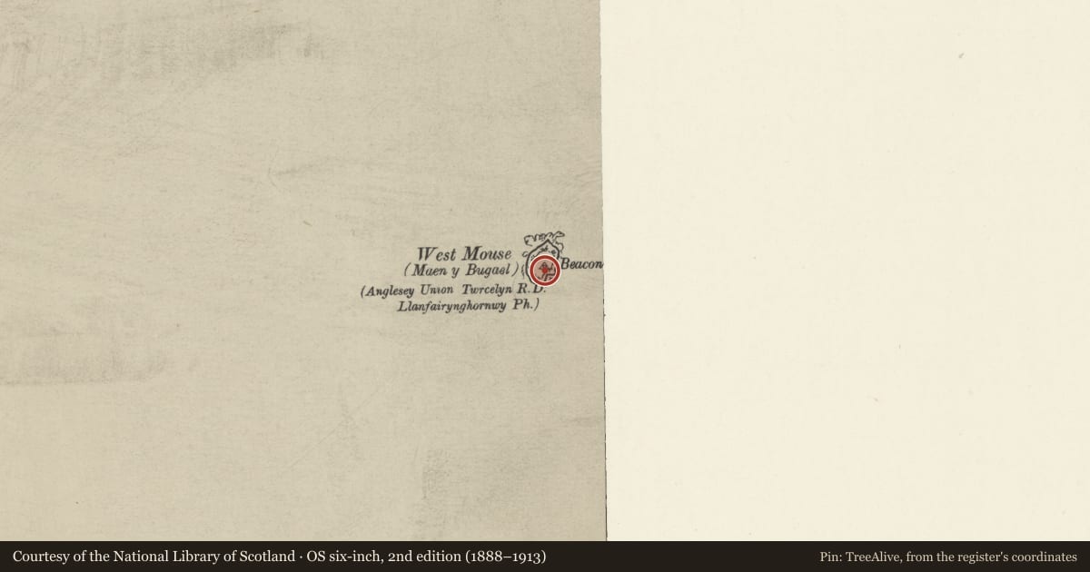 Ordnance Survey six-inch map, 2nd edition (1888–1913) covering the location of Pilot beacon on West Mouse (Maen y Bugael), Cylch-y-Garn, Isle of Anglesey, with a pin at the register's coordinates