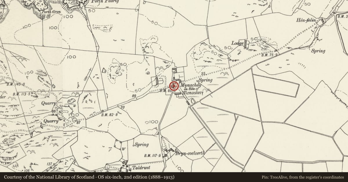 Ordnance Survey six-inch map, 2nd edition (1888–1913) covering the location of Stable-cartshed range at Mynachdy, Cylch-y-Garn, Isle of Anglesey, with a pin at the register's coordinates