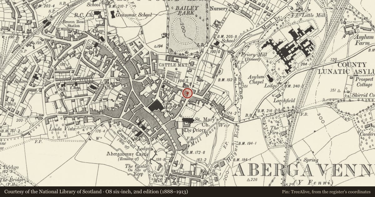 Ordnance Survey six-inch map, 2nd edition (1888–1913) covering the location of House, including attached railings, Abergavenny, Monmouthshire, with a pin at the register's coordinates