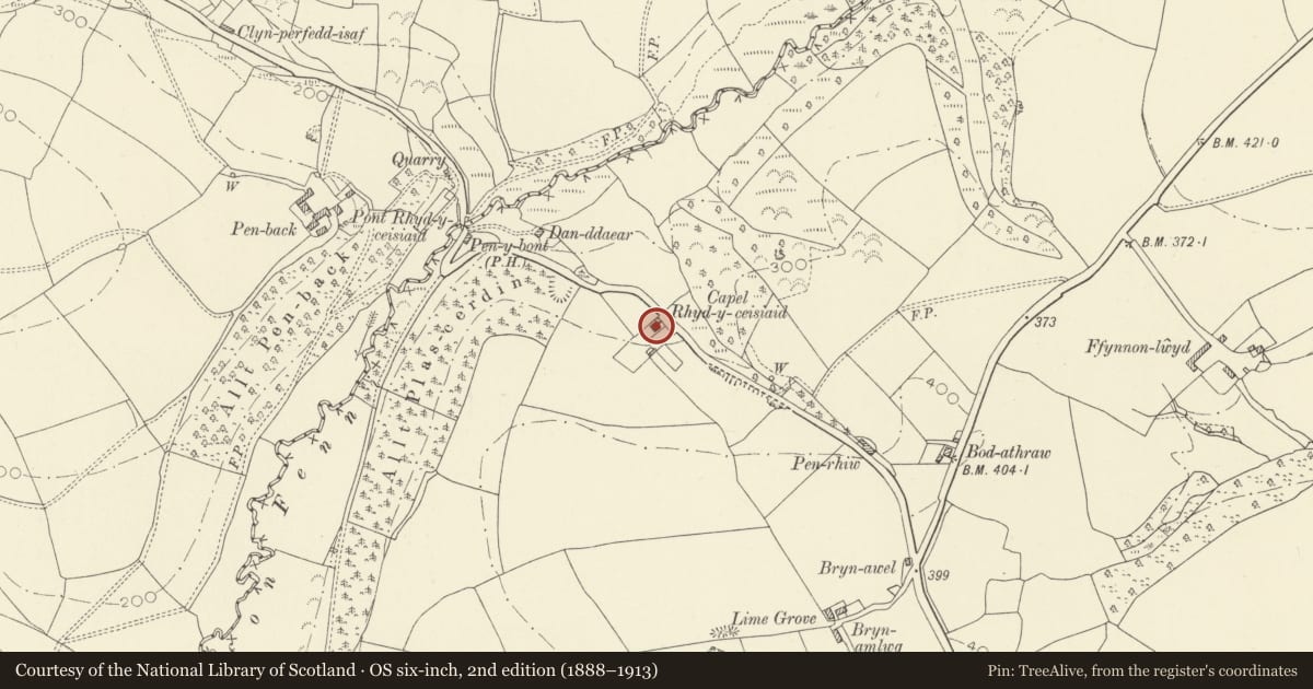 Ordnance Survey six-inch map, 2nd edition (1888–1913) covering the location of Rhydyceisiaid Independent Chapel with vestry and attached railings, Llangynin, Carmarthenshire, with a pin at the register's coordinates