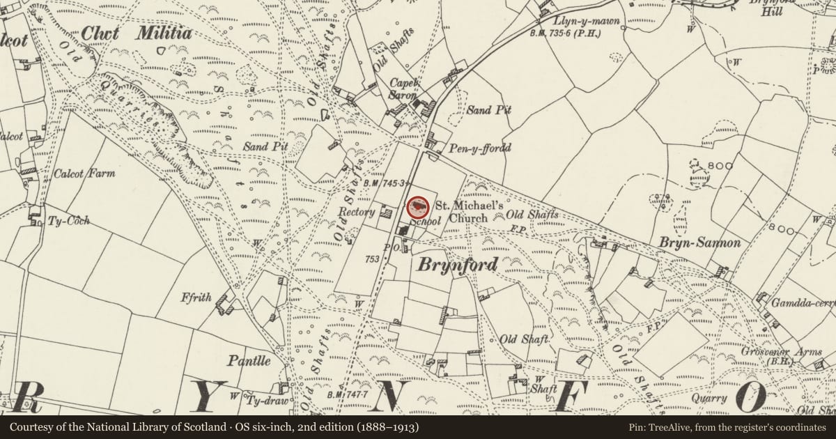 Ordnance Survey six-inch map, 2nd edition (1888–1913) covering the location of Church of St Michael, Brynford, Flintshire, with a pin at the register's coordinates