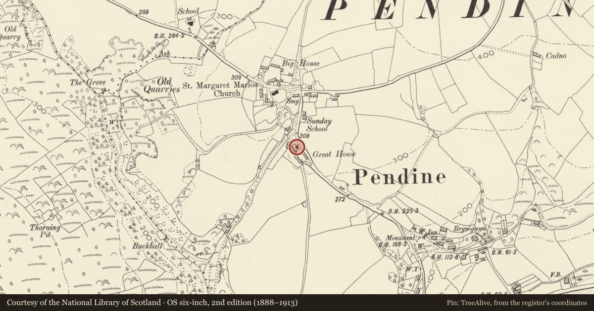 Ordnance Survey six-inch map, 2nd edition (1888–1913) covering the location of Front garden walls and gatepiers at the Great House, Pendine, Carmarthenshire, with a pin at the register's coordinates