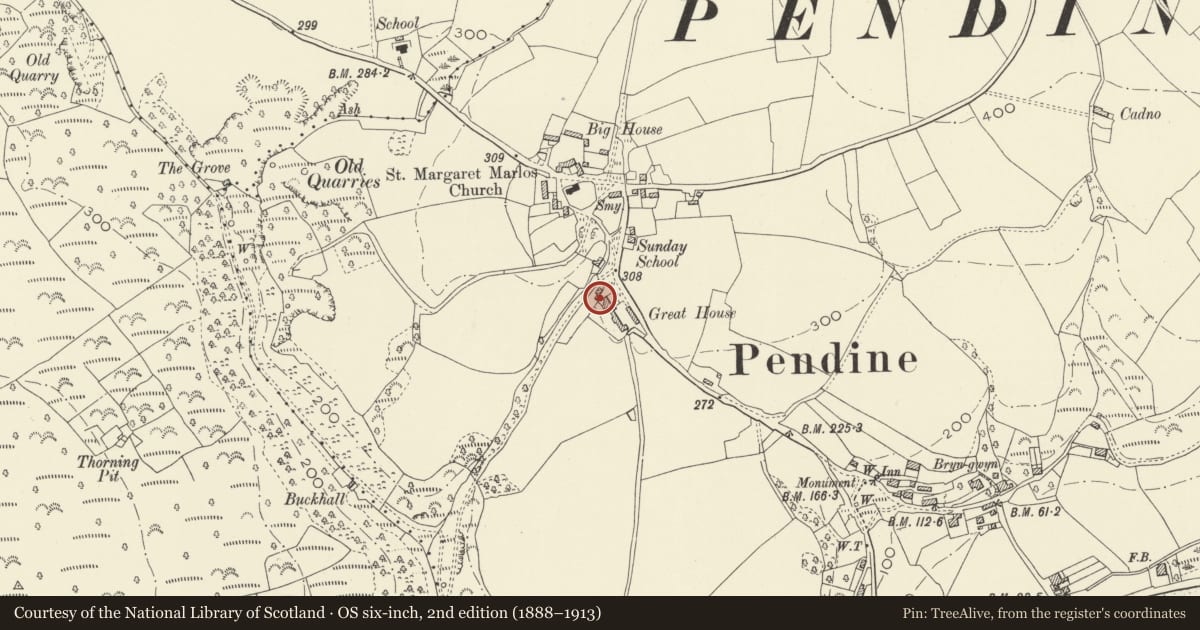 Ordnance Survey six-inch map, 2nd edition (1888–1913) covering the location of Outside Kitchen at the Great House, Pendine, Carmarthenshire, with a pin at the register's coordinates