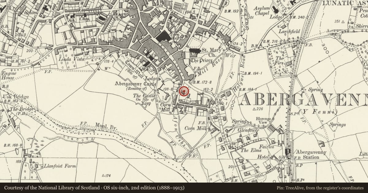 Ordnance Survey six-inch map, 2nd edition (1888–1913) covering the location of Pegasus Court, 3, Abergavenny, Monmouthshire, with a pin at the register's coordinates
