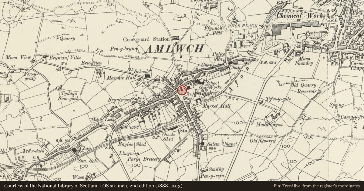Ordnance Survey six-inch map, 2nd edition (1888–1913) covering the location of Lychgate at Church of St Eleth, Amlwch, Isle of Anglesey, with a pin at the register's coordinates