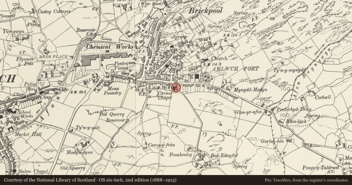 Ordnance Survey six-inch map, 2nd edition (1888–1913) covering the location of Carmel Independent Chapel and schoolroom, Amlwch, Isle of Anglesey, with a pin at the register's coordinates