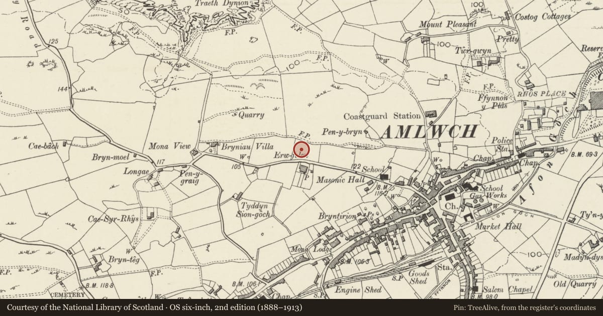 Ordnance Survey six-inch map, 2nd edition (1888–1913) covering the location of Church of Our Lady Star of the Sea, St Winifred, Amlwch, Isle of Anglesey, with a pin at the register's coordinates